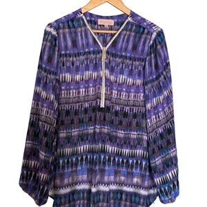 💜 Philosophy Printed Blouse – Size 1X – Boho Ikat Zip Top